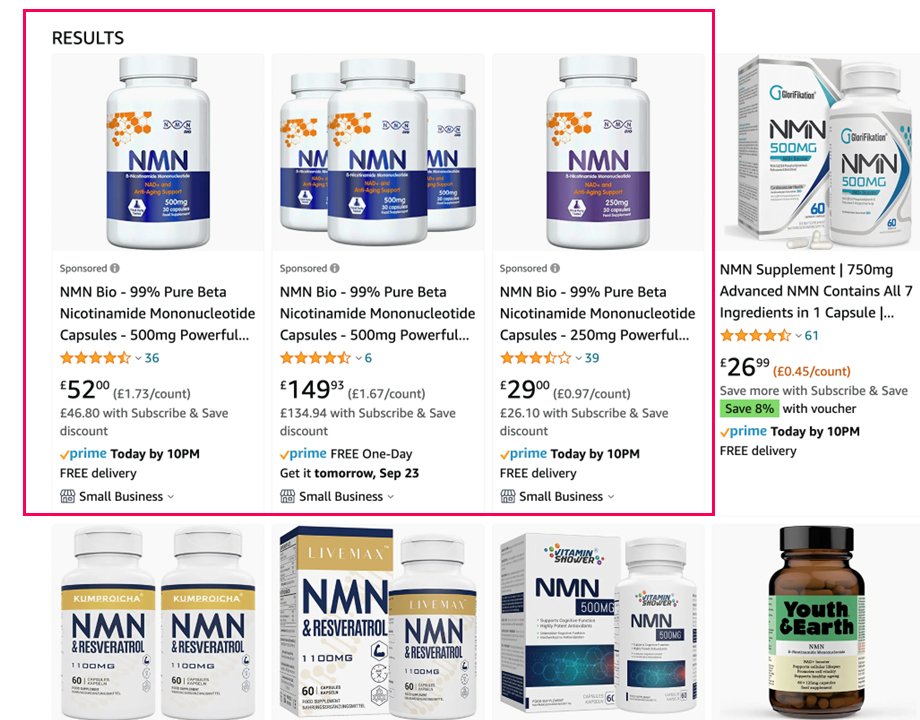 NMN Bio Amazon Product Listing in the Search Results